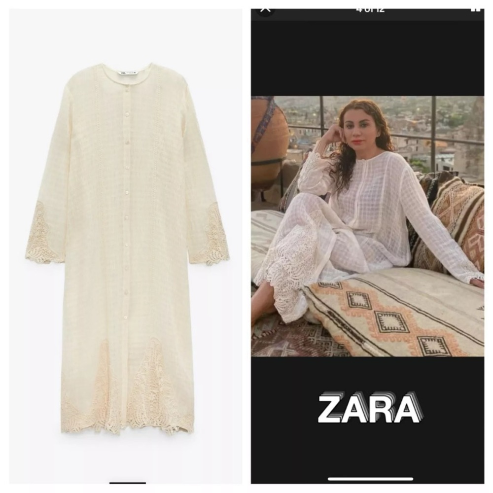 Zara linen long beige ecru shirt dress with embroidery crochet aplique